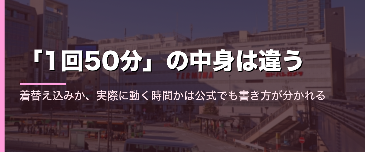 錦糸町駅前の街並みと、1回のセッション時間の定義が会社ごとに違うことを示すセクション見出し画像